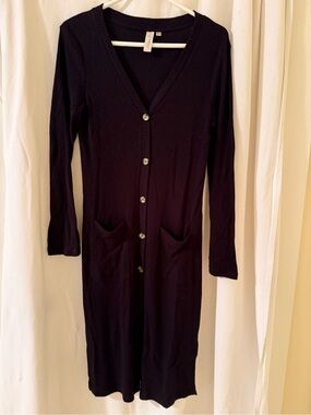 Allison Joy Long Button-Front Ribbed Knit Sweater - Black
